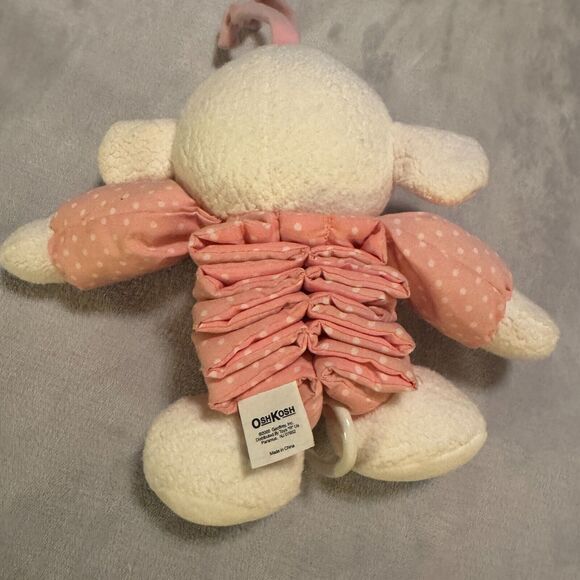 VTG 2000 Oshkosh Toys R Us Musical Crib Pull Toy Pink Polka Dot Lamb Plush - Picture 2 of 4
